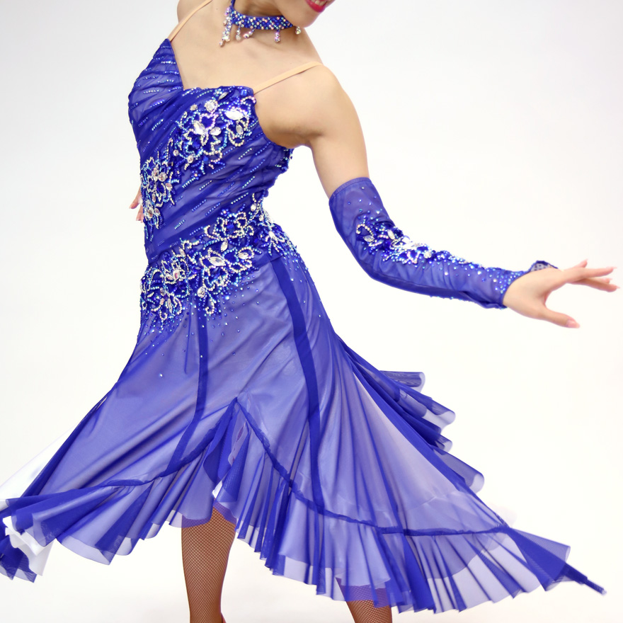 青色の社交ダンス衣装・ドレス、ラテン用ドレス
