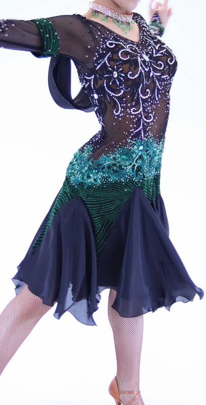 緑・黒色の社交ダンス衣装・ドレス、ラテン用ドレス
