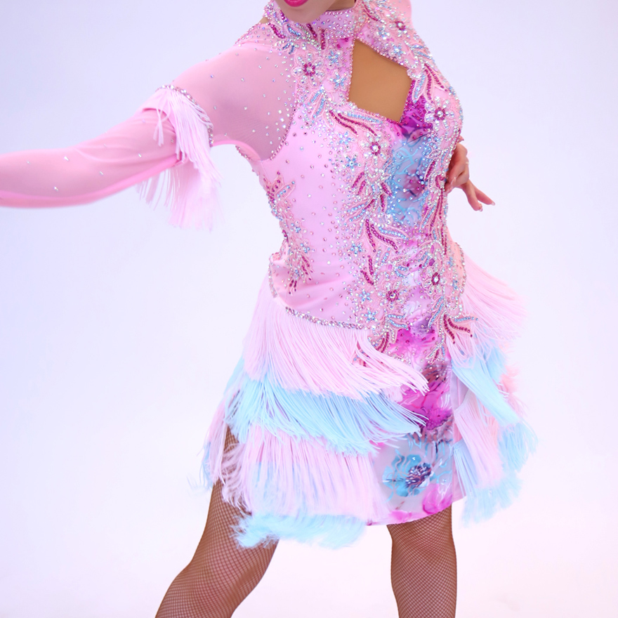 ピンク・水色の社交ダンス衣装・ドレス、ラテン用ドレス