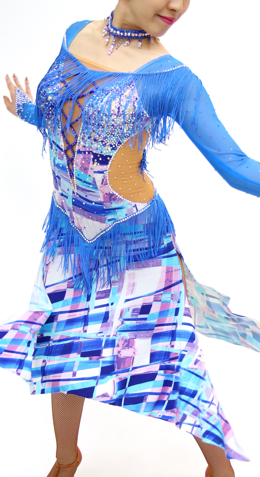 青色・柄の社交ダンス衣装・ドレス、ラテン用ドレス