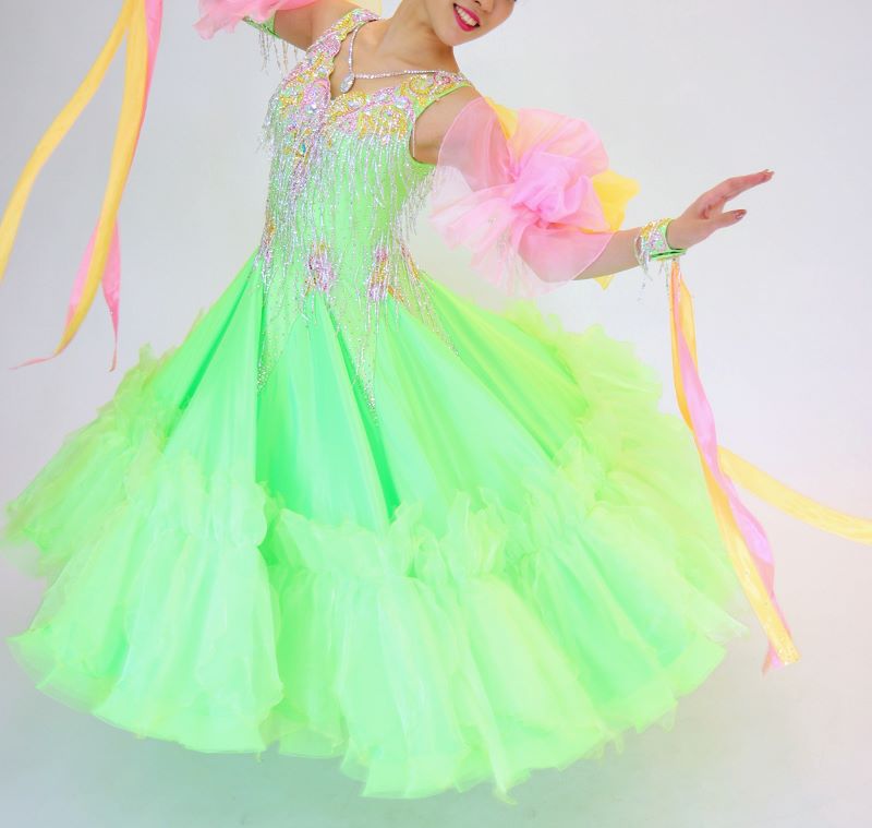 蛍光グリーン・黄緑色の社交ダンス衣装・ドレス、スタンダード・モダン用ドレス