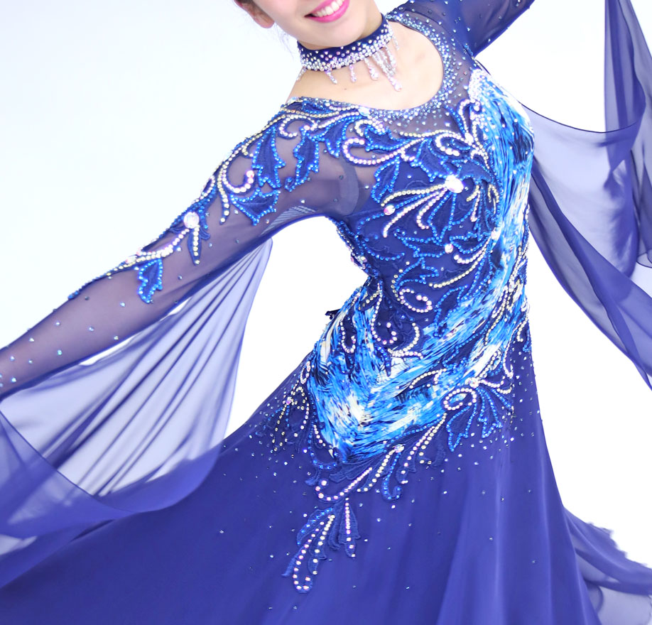 ネイビー・紺色の社交ダンス衣装・ドレス、スタンダード・モダン用ドレス