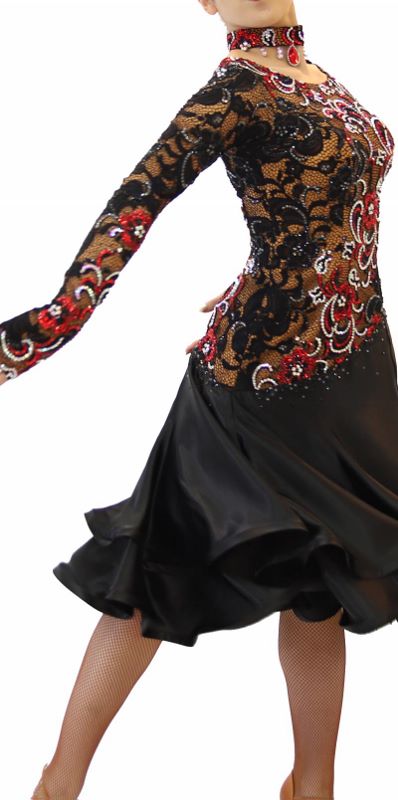 黒・赤色の社交ダンス衣装・ドレス、ラテン用ドレス
