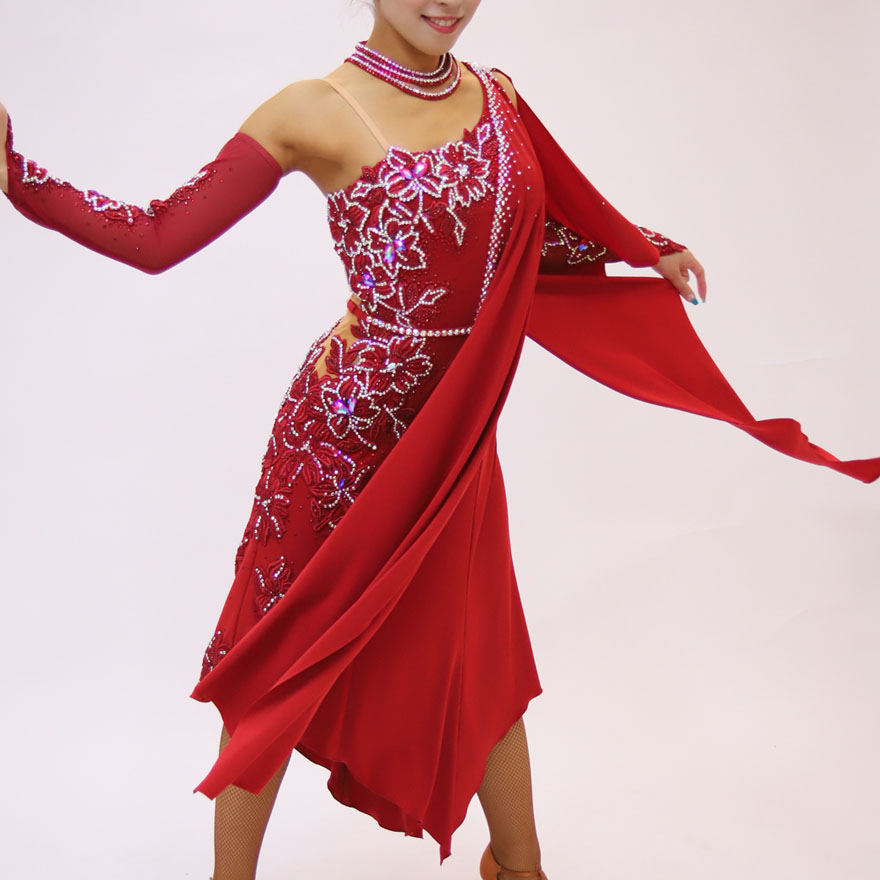 ボルドー・濃い赤の社交ダンス衣装・ドレス、ルンバ用ドレス