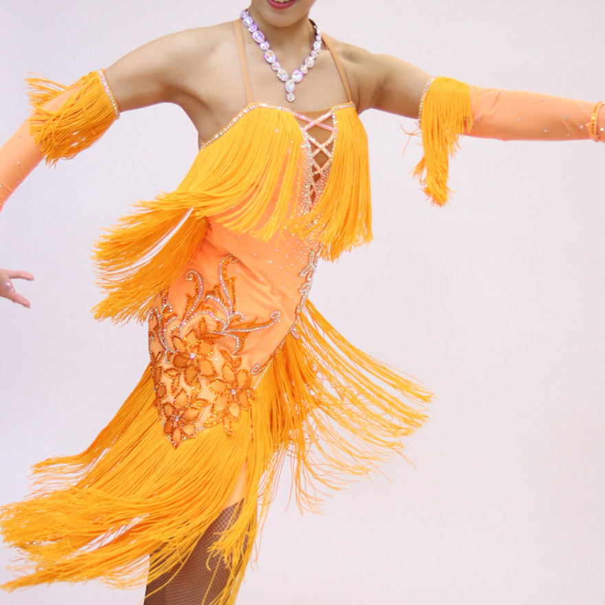 オレンジ・フリンジの社交ダンス衣装・ドレス、ラテン用ドレス