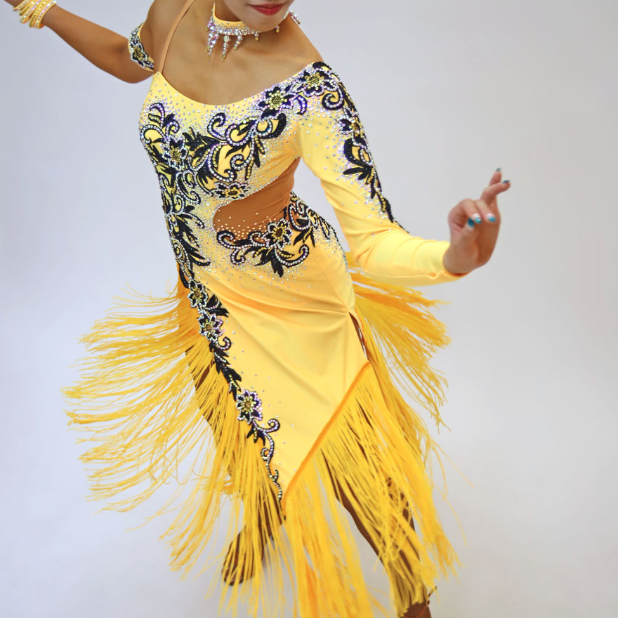 黄色・イエロー・フリンジの社交ダンス衣装・ドレス、ラテン用ドレス
