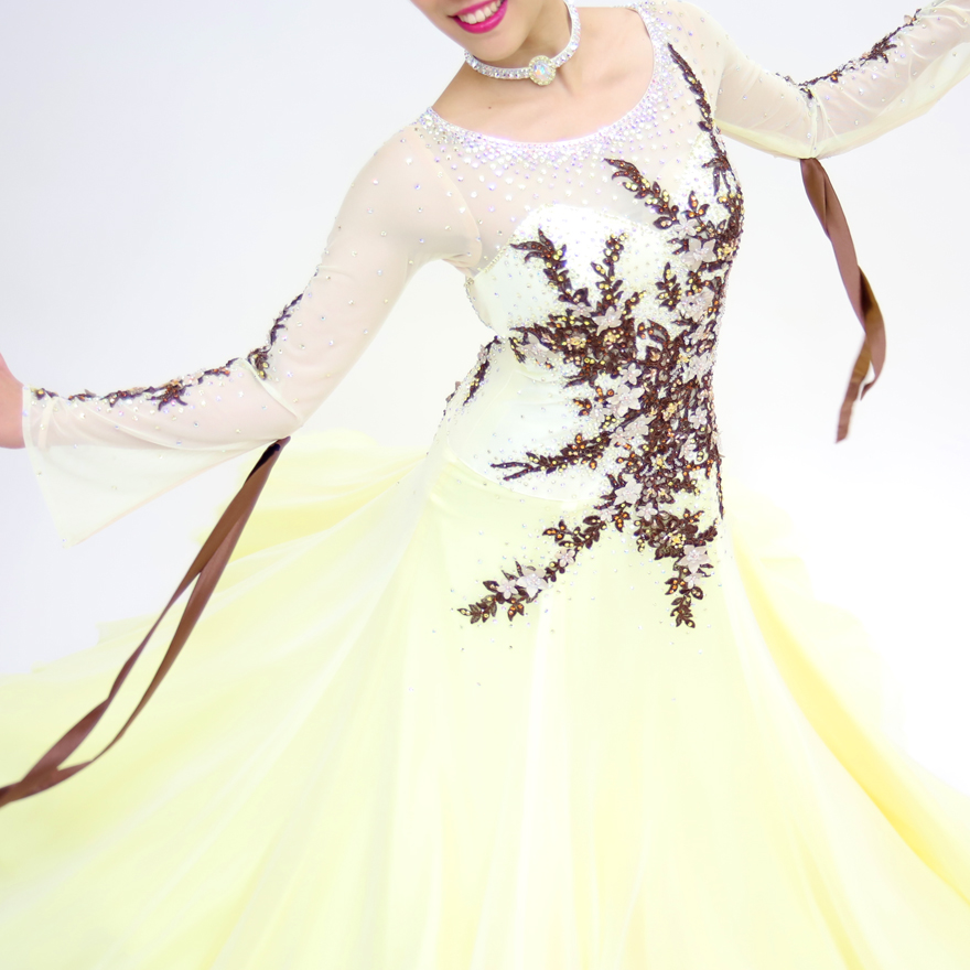 クリームイエロー・黄色の社交ダンス衣装・ドレス、スタンダード・モダン用ドレス
