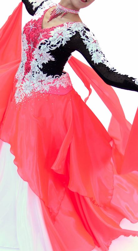 黒・ピンクオレンジの社交ダンス衣装・ドレス、スタンダード・モダン用ドレス