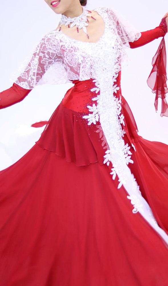 赤・白色の社交ダンス衣装・ドレス、スタンダード・モダン用ドレス