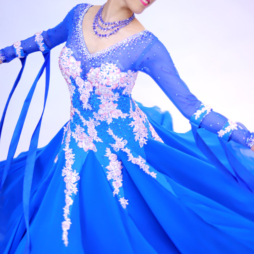 ピンク・青色の社交ダンス衣装・ドレス、スタンダード・モダン用ドレス
