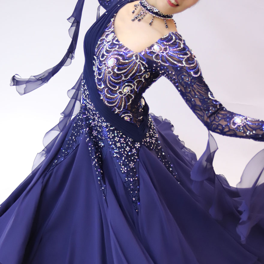紺色・ネイビーの社交ダンス衣装・ドレス、スタンダード・モダン用ドレス
