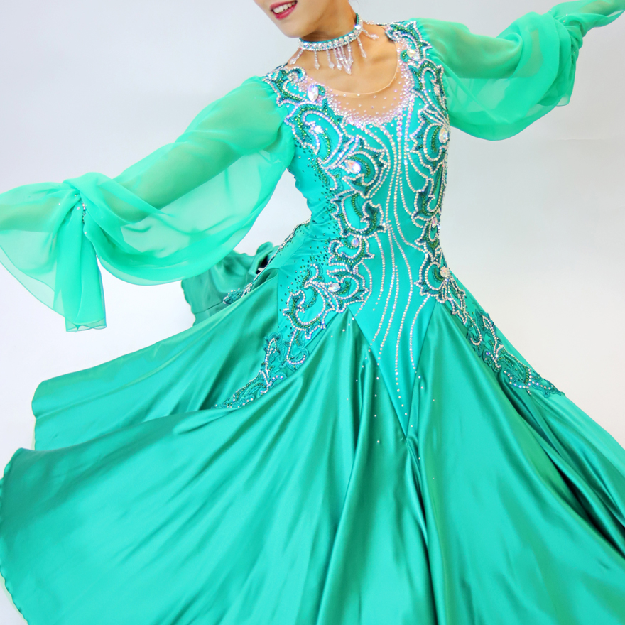 緑色・グリーンの社交ダンス衣装・ドレス、スタンダード・モダン用ドレス