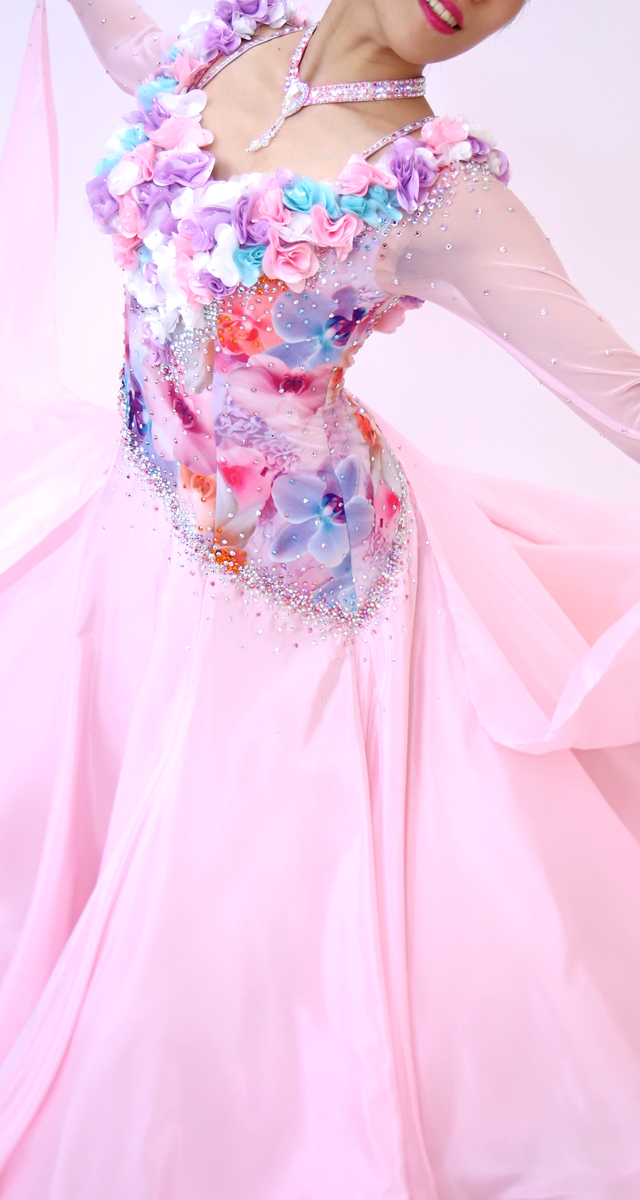 花・ピンク色の社交ダンス衣装・ドレス、スタンダード・モダン用ドレス